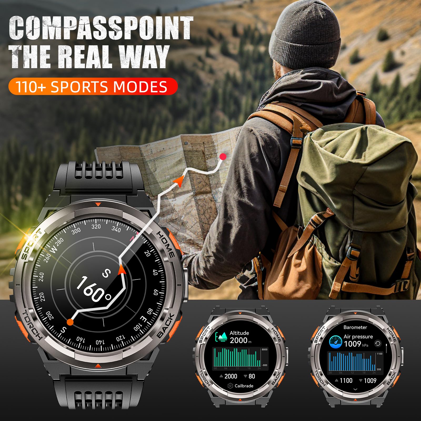 Eigiis Ke5 Military Smart Watch For Men With Flashlight Sos 3Atm Waterproof Watch 530Mah Big Battery 1.45 '' Rugged Tactical Sma